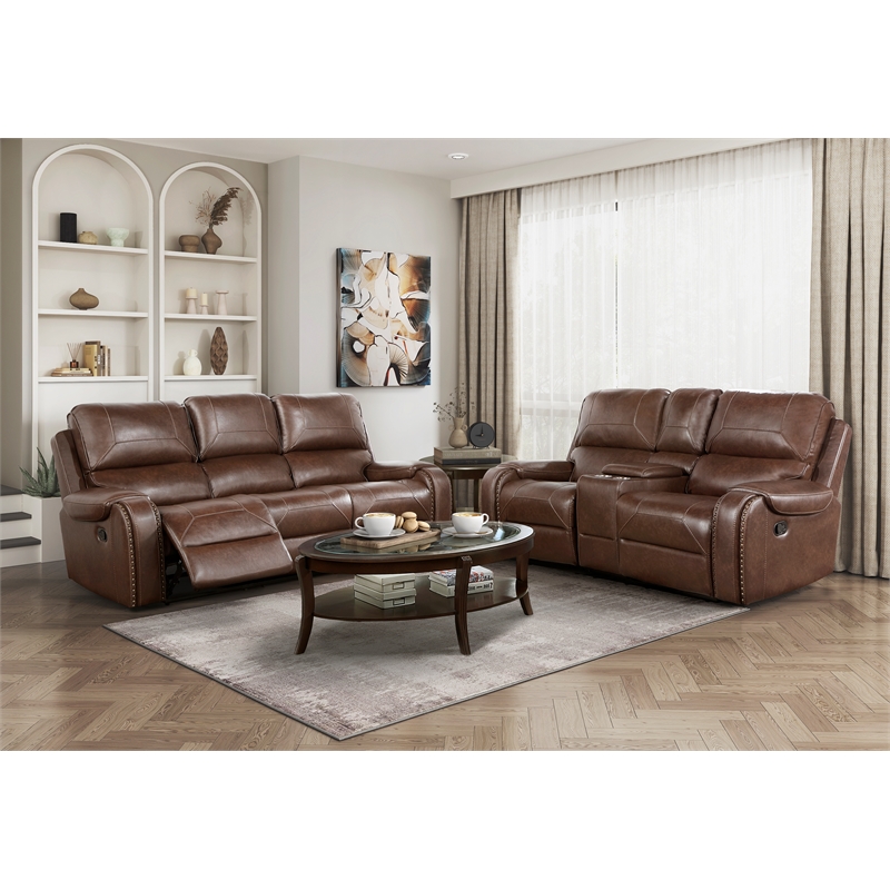 Pemberly Row Faux Leather Double Manual Reclining Sofa in Brown
