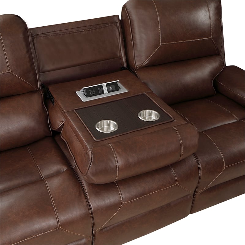 Pemberly Row Faux Leather Double Manual Reclining Sofa in Brown