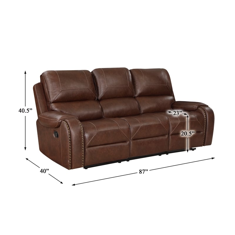 Pemberly Row Faux Leather Double Manual Reclining Sofa in Brown