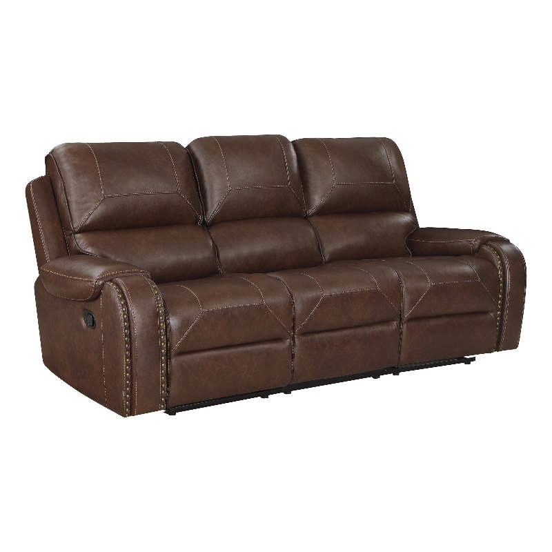Pemberly Row Faux Leather Double Manual Reclining Sofa in Brown