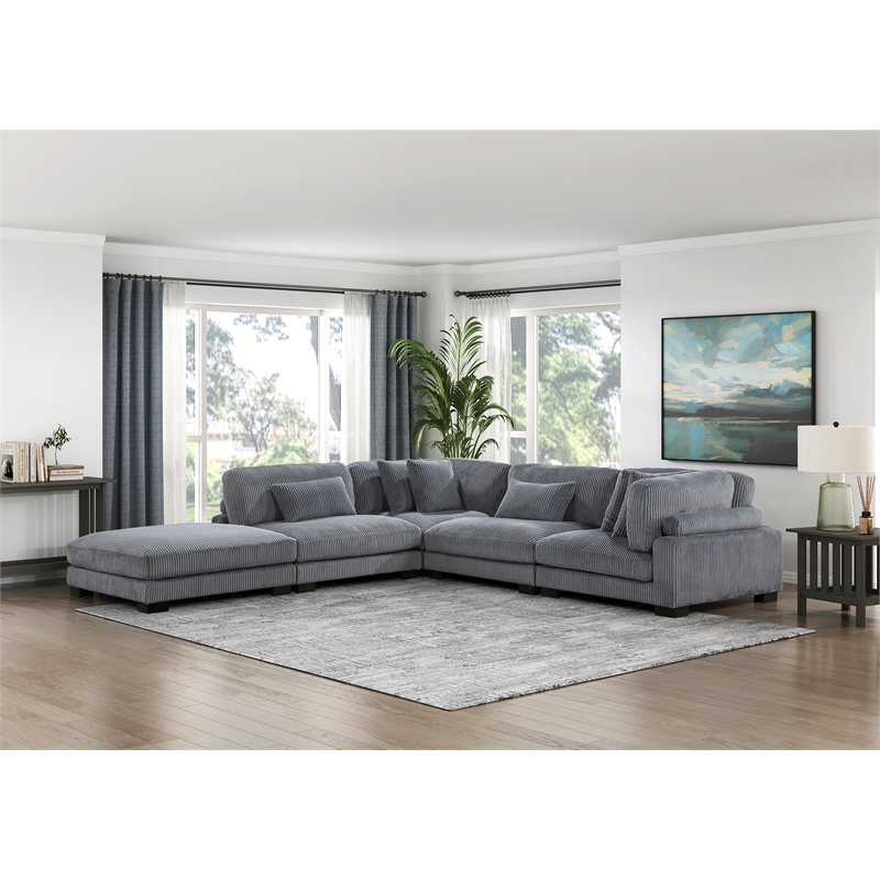 Pemberly Row 5-Piece CorduModular Sectional with Ottoman in Gray
