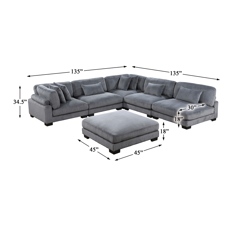 Pemberly Row 6-Piece CorduModular Sectional with Ottoman in Gray