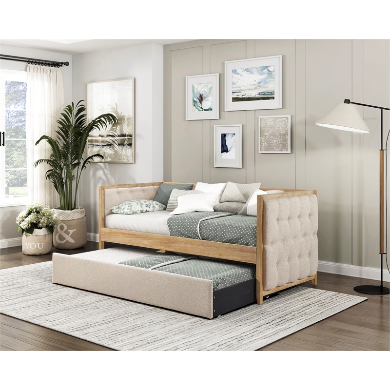 Pemberly Row Boucle Upholstered Daybed with Trundle in Beige