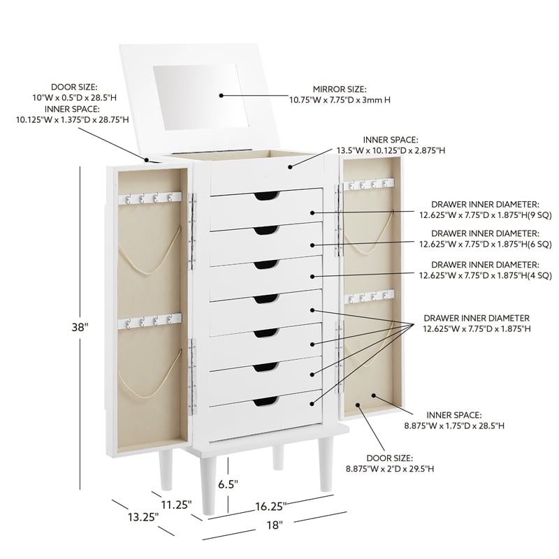 Pemberly Row 7-Drawer Wood Jewelry Armoire with Flip Top in White