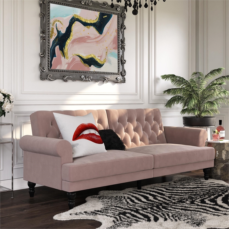 Pemberly Row Modern / Contemporary Upholstered Futon in Blush Velvet