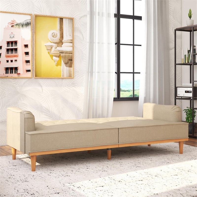 Pemberly Row Vintage Convertible Sofa Bed Futon in Tan Linen