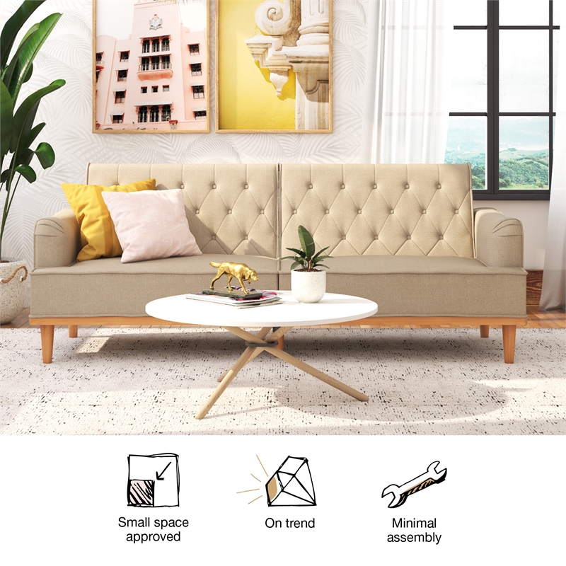 Pemberly Row Vintage Convertible Sofa Bed Futon in Tan Linen