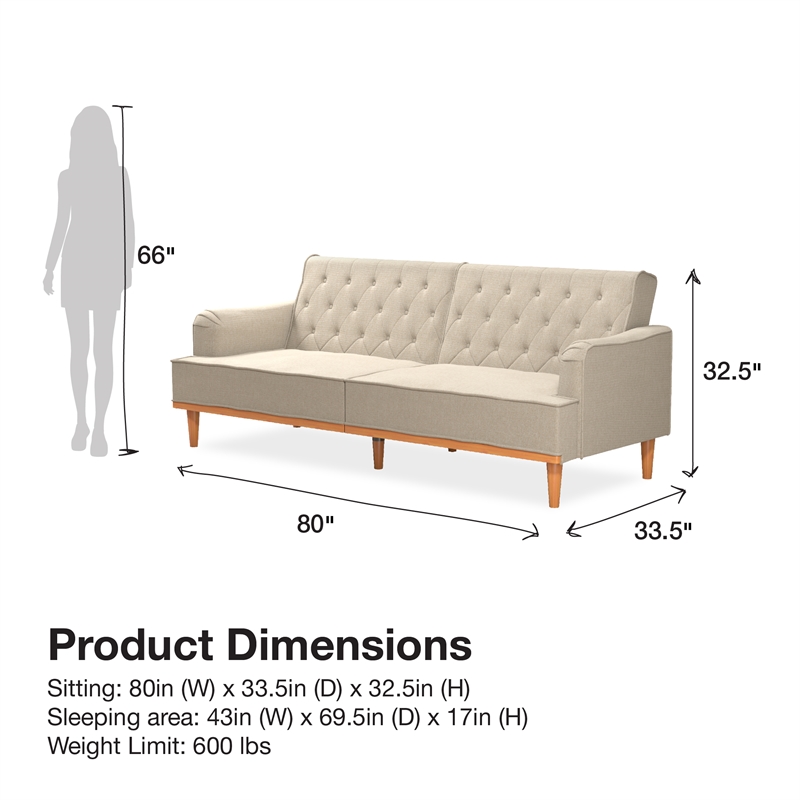 Pemberly Row Vintage Convertible Sofa Bed Futon in Tan Linen