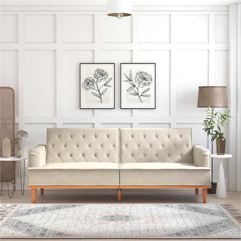 Pemberly Row Vintage Convertible Sofa Bed Futon in Tan Linen