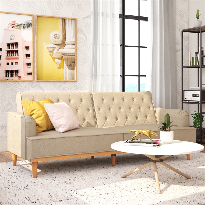 Pemberly Row Vintage Convertible Sofa Bed Futon in Tan Linen
