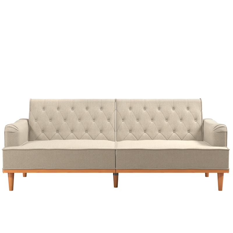 Pemberly Row Vintage Convertible Sofa Bed Futon in Tan Linen