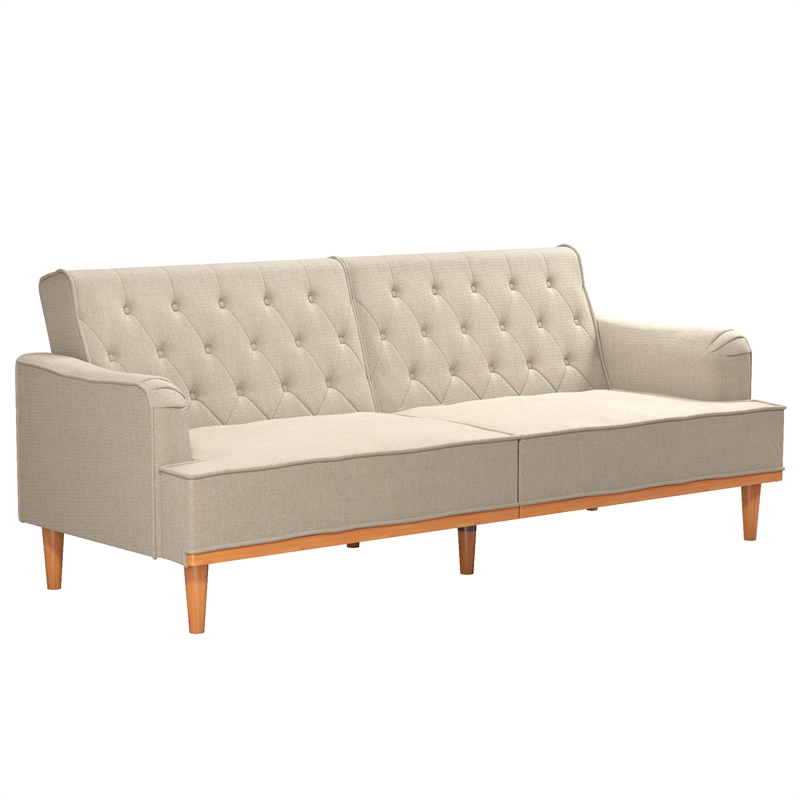 Pemberly Row Vintage Convertible Sofa Bed Futon in Tan Linen