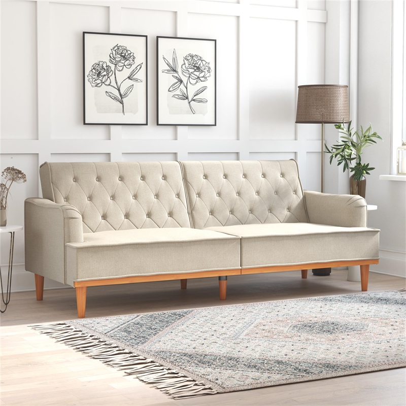 Pemberly Row Vintage Convertible Sofa Bed Futon in Tan Linen