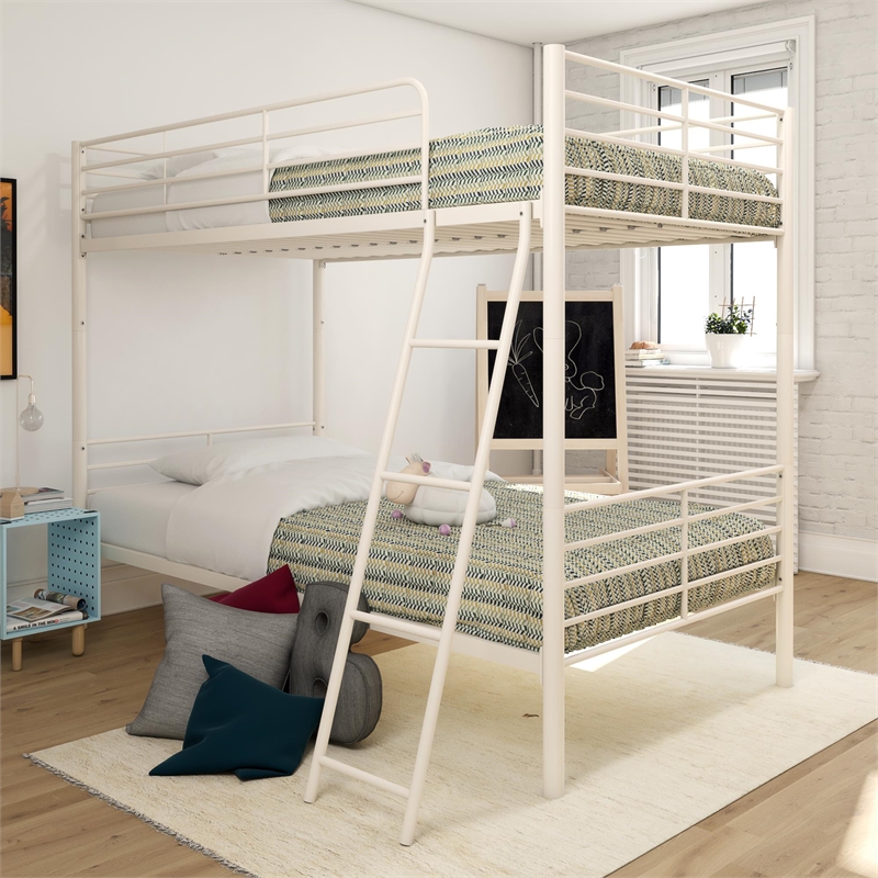 Pemberly Row Convertible Twin over Twin Metal Bunk Bed in Off White