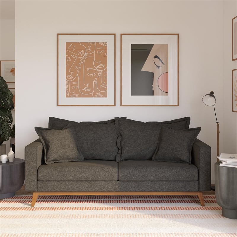Pemberly Row Contemporary Pillowback Wood Stretcher Sofa Gray Linen