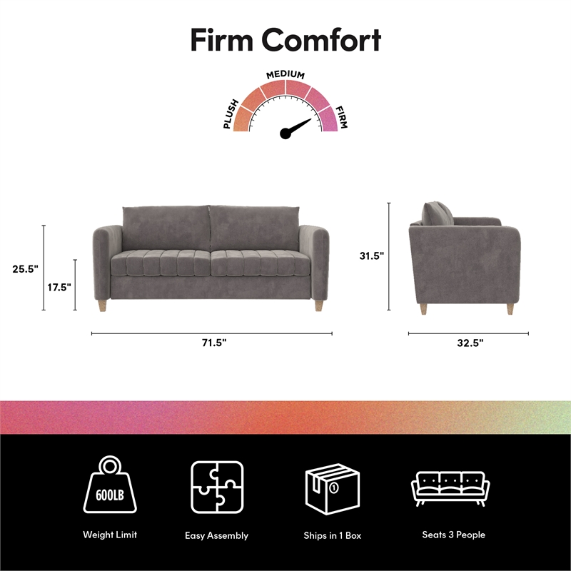 Pemberly Row Contemporary Channel Tufted Sofa in Light Gray Velvet