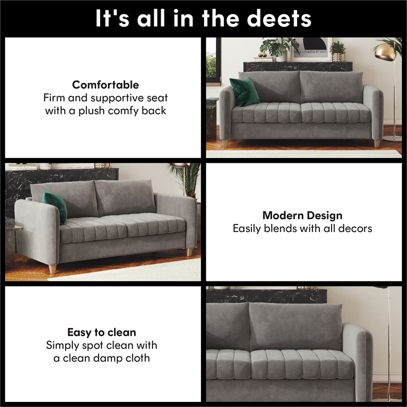 Pemberly Row Contemporary Channel Tufted Sofa in Light Gray Velvet