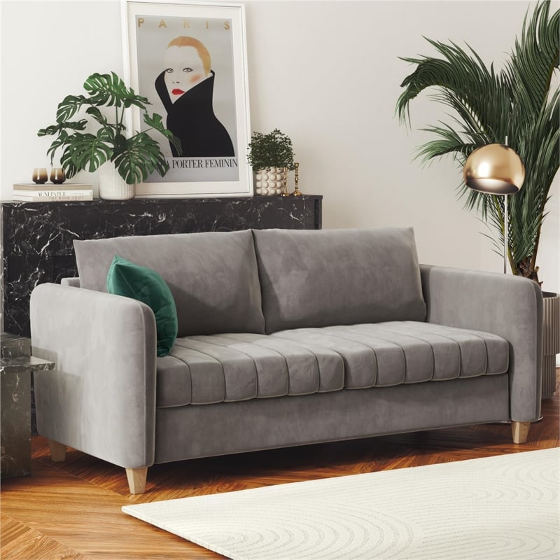 Pemberly Row Contemporary Channel Tufted Sofa in Light Gray Velvet