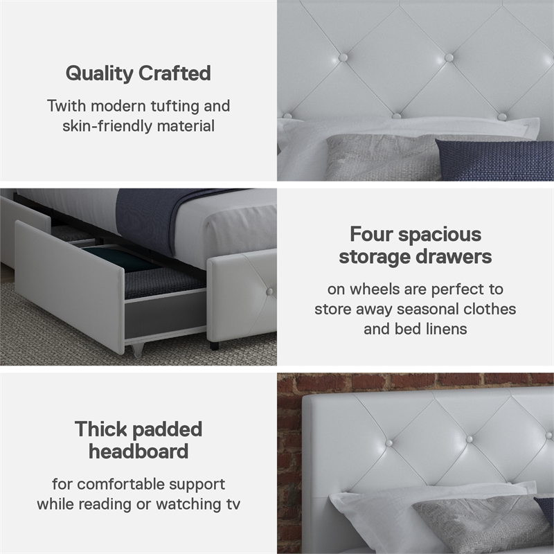 Pemberly Row White Faux Leather Upholstered Full Bed with Storage