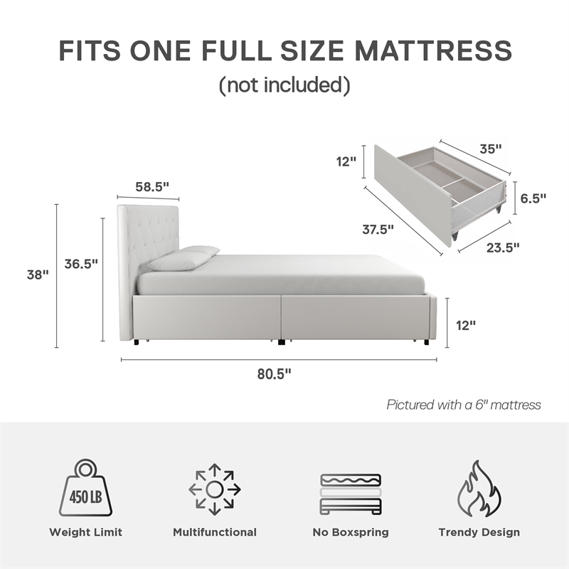 Pemberly Row White Faux Leather Upholstered Full Bed with Storage