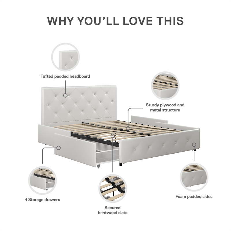 Pemberly Row White Faux Leather Upholstered Full Bed with Storage
