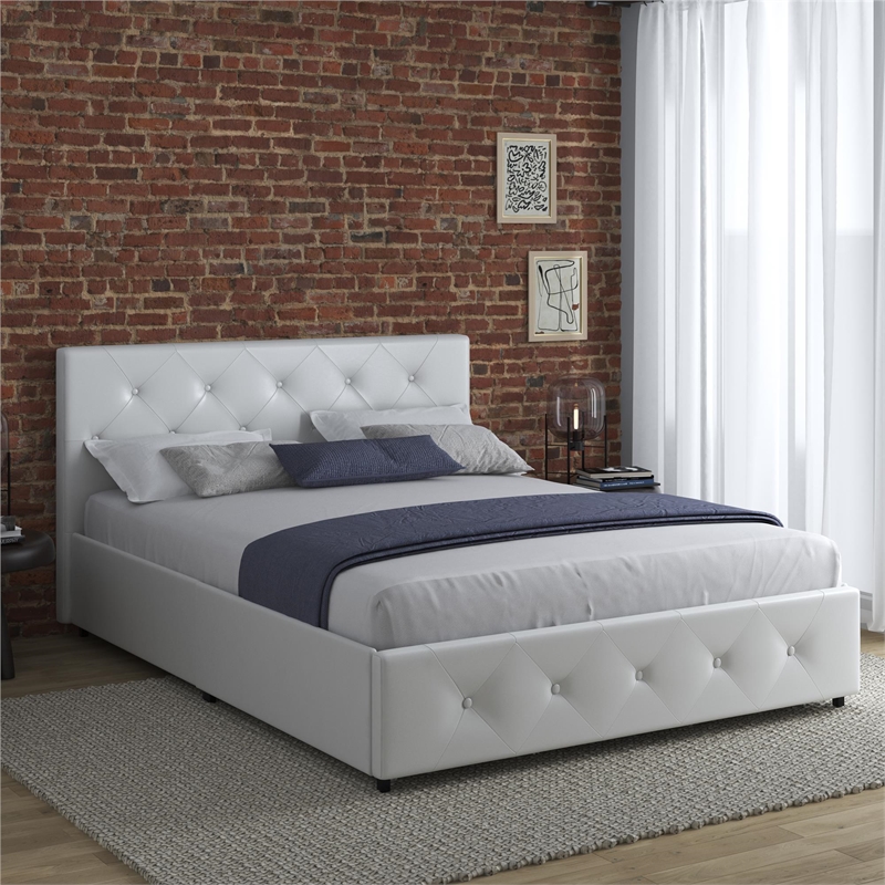 Pemberly Row White Faux Leather Upholstered Full Bed with Storage