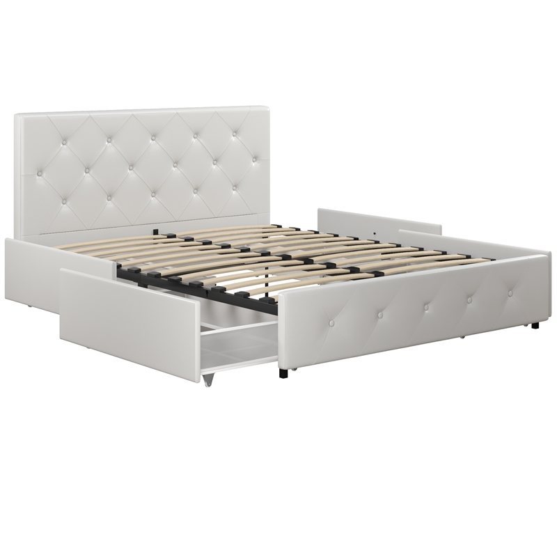Pemberly Row White Faux Leather Upholstered Full Bed with Storage