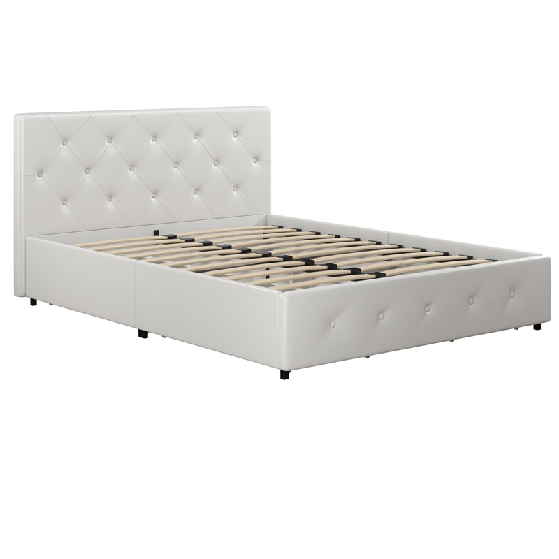 Pemberly Row White Faux Leather Upholstered Full Bed with Storage