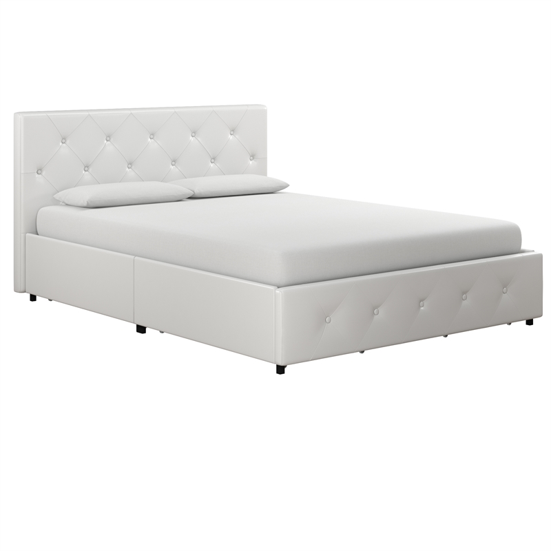Pemberly Row White Faux Leather Upholstered Full Bed with Storage