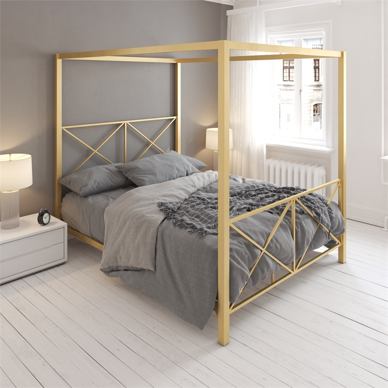 Pemberly Row Modern / Contemporary Canopy Bed - Full in Gold