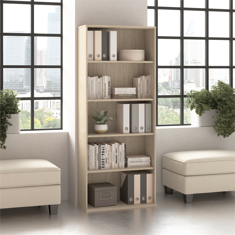 Pemberly Row Tall 5 Shelf Bookcase in Natural Elm - Engineered Wood