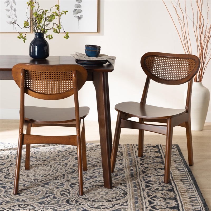 Pemberly Row Walnut Brown Wood and Rattan 2-Piece Dining Chair Set