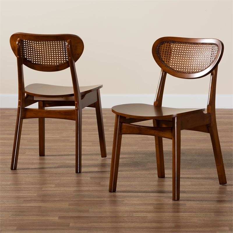 Pemberly Row Walnut Brown Wood and Rattan 2-Piece Dining Chair Set