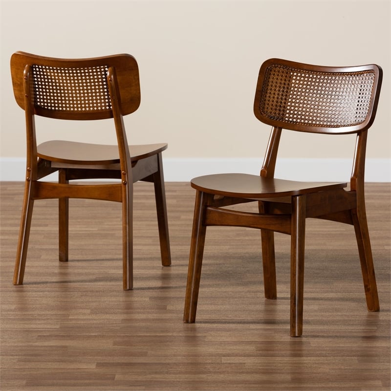 Pemberly Row Walnut Brown Wood and Rattan 2-Piece Dining Chair Set