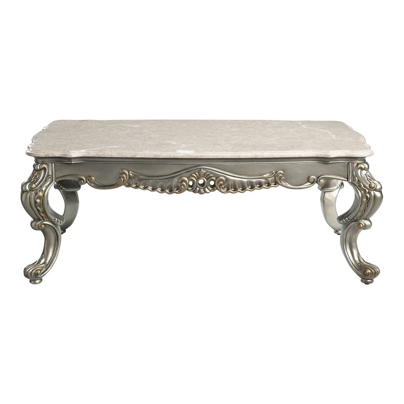 Pemberly Row Marble & Wood Coffee Table in Natural/Antique Bronze