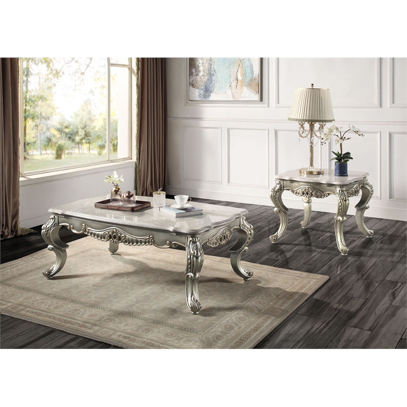 Pemberly Row Marble & Wood End Table in Natural/Antique Bronze