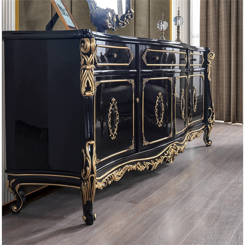 Pemberly Row Rectangular 4-Door Wood Console Table in Gold & Black