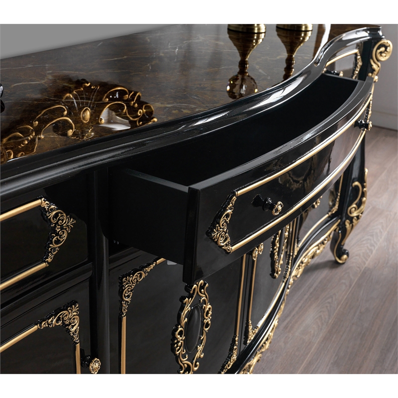 Pemberly Row Rectangular 4-Door Wood Console Table in Gold & Black
