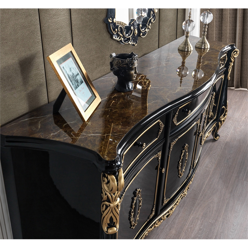 Pemberly Row Rectangular 4-Door Wood Console Table in Gold & Black