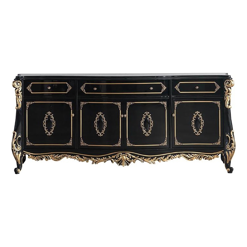 Pemberly Row Rectangular 4-Door Wood Console Table in Gold & Black