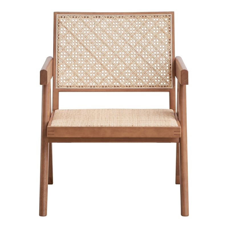 Pemberly Row Square Arm Rattan & Wood Accent Chair in Natural