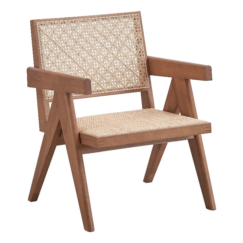 Pemberly Row Square Arm Rattan & Wood Accent Chair in Natural