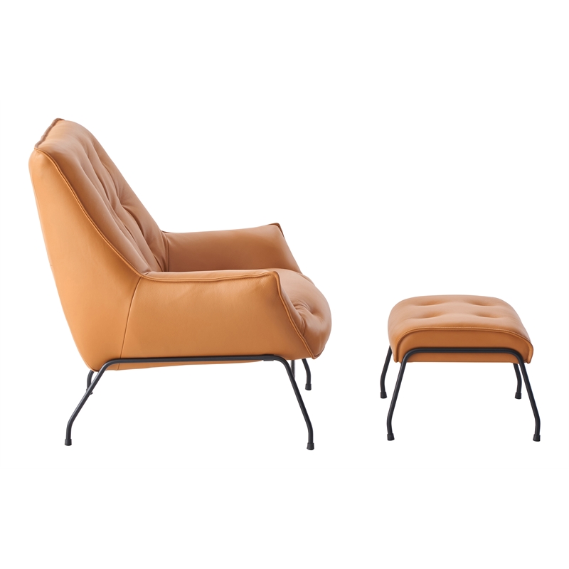 Pemberly Row Upholstered Leather Accent Chair and Ottoman in Tan