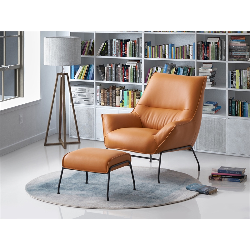 Pemberly Row Upholstered Leather Accent Chair and Ottoman in Tan