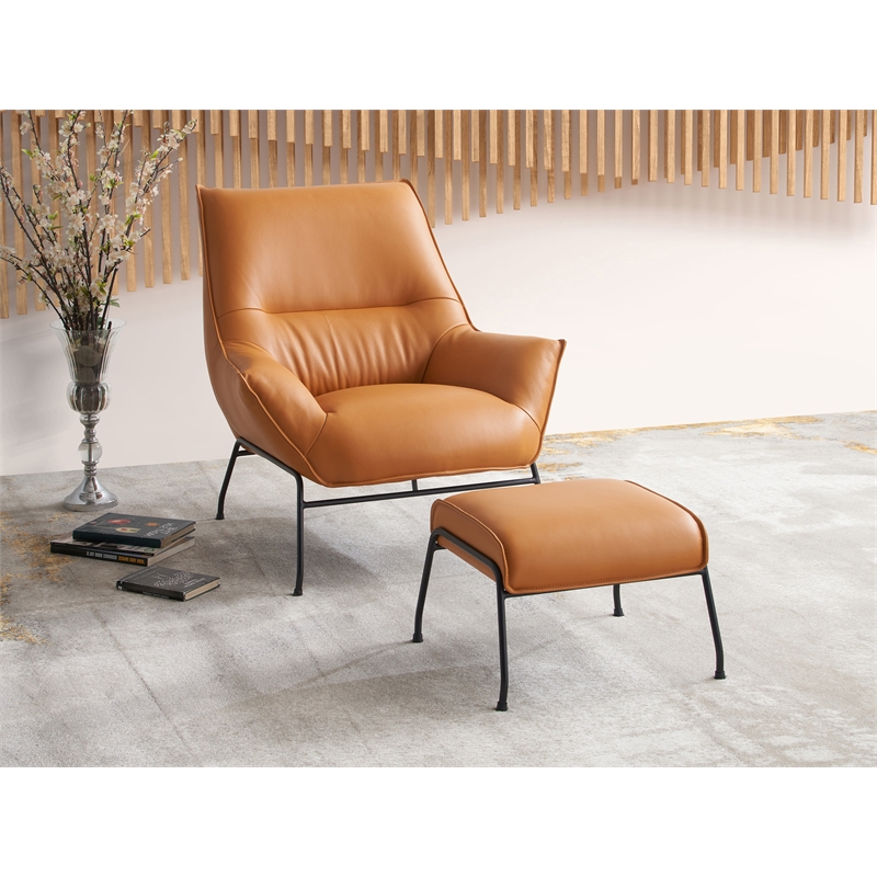 Pemberly Row Upholstered Leather Accent Chair and Ottoman in Tan