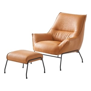 Pemberly Row Upholstered Leather Accent Chair and Ottoman in Tan