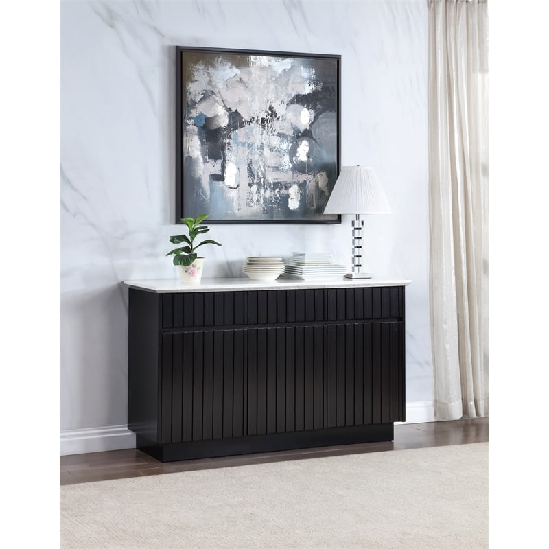 Pemberly Row 3-Door Wood Server with Marble Top in White/Black