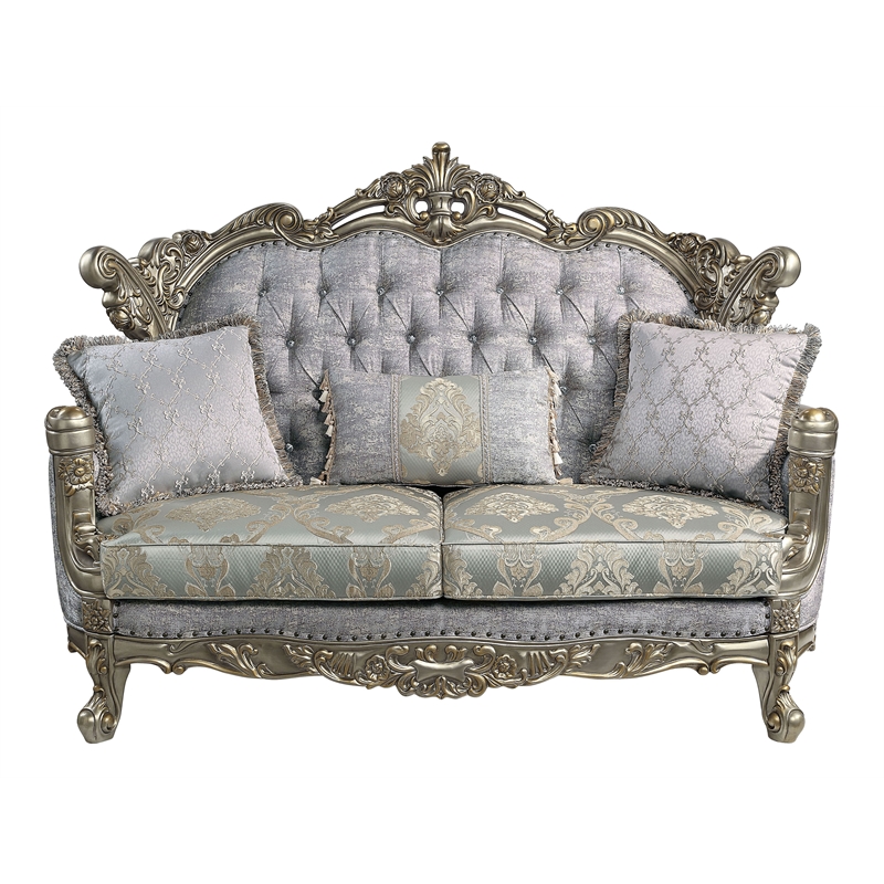 Pemberly Row Tufted Fabric & Wood Loveseat with 3 Pillows in Gray