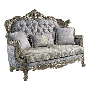 Pemberly Row Tufted Fabric & Wood Loveseat with 3 Pillows in Gray