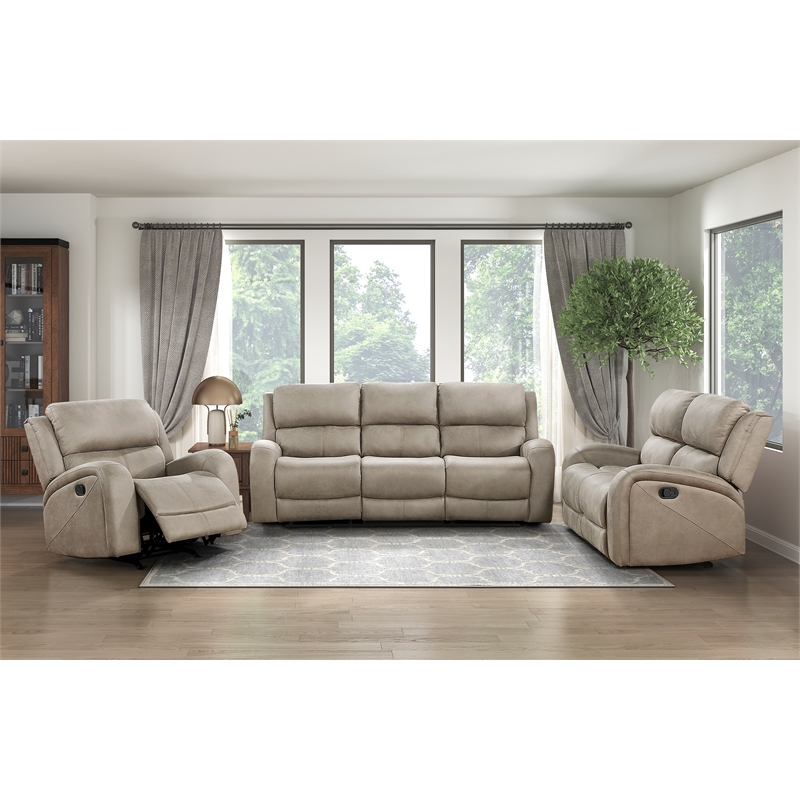 Pemberly Row Polished Microfiber Double Reclining Loveseat in Brown